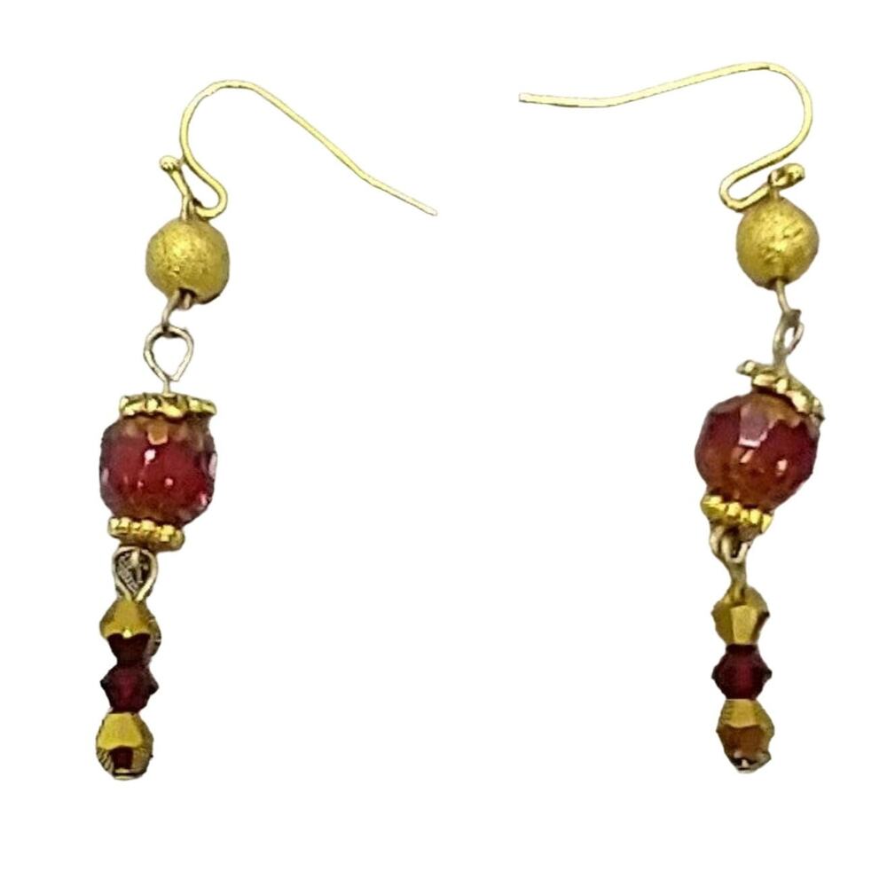 Dangle Earrings Red Window Beads Red Gold Crystals Gold Tone Handmade